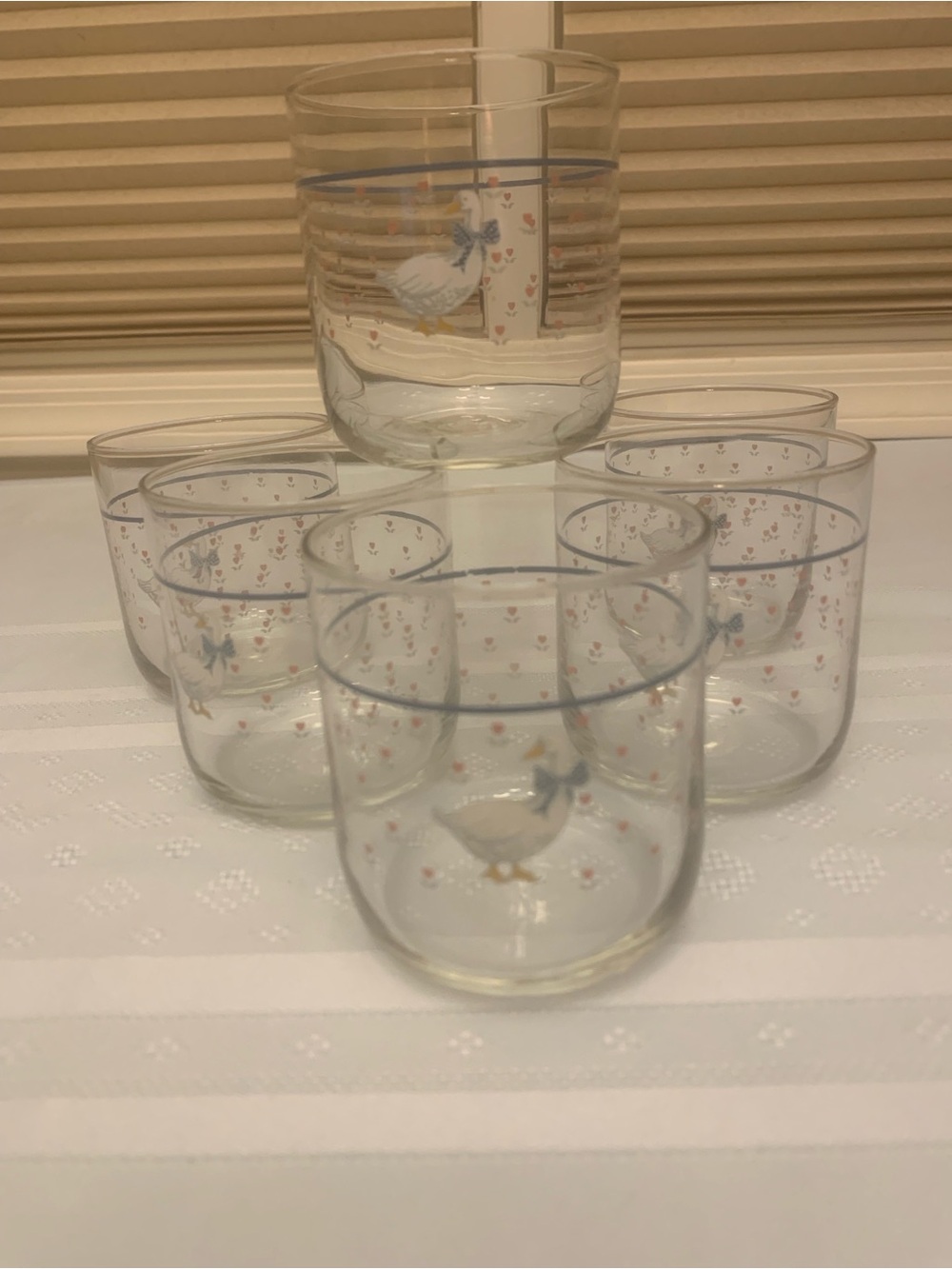 Set of 6 Clear Glass Tumblers with Greese Wearing Blue Bow Motif
